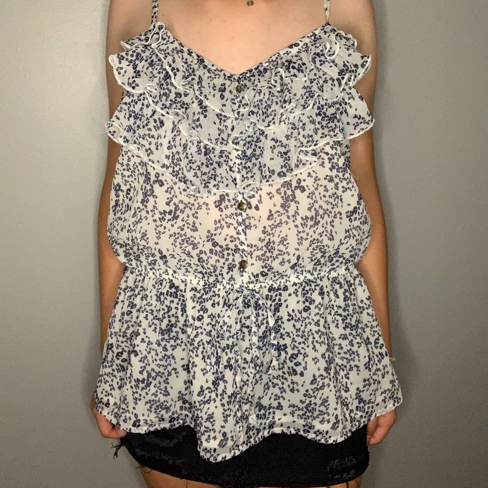 White and blue patterned tank top.